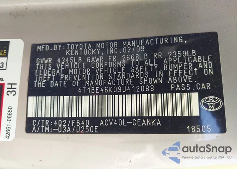 2009 Toyota Camry Le from USA, damaged, VIN 4T1BE46K09U412088